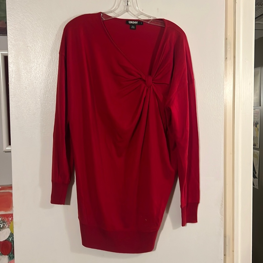 DKNY red asymmetrical silk/cashmere sweater.